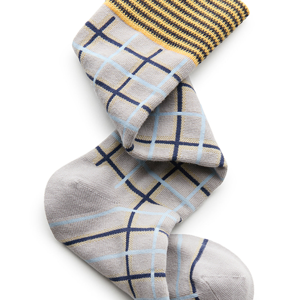 Plaid patterned sock with yellow trim on a white background