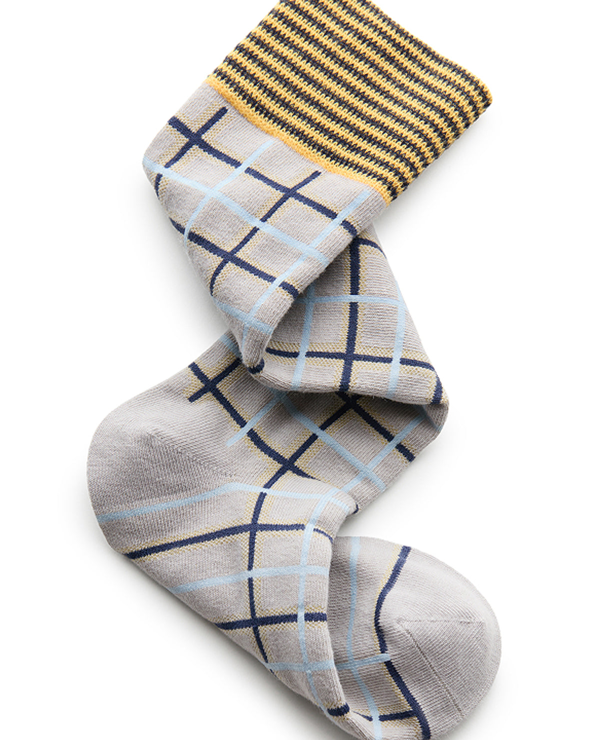 Plaid patterned sock with yellow trim on a white background
