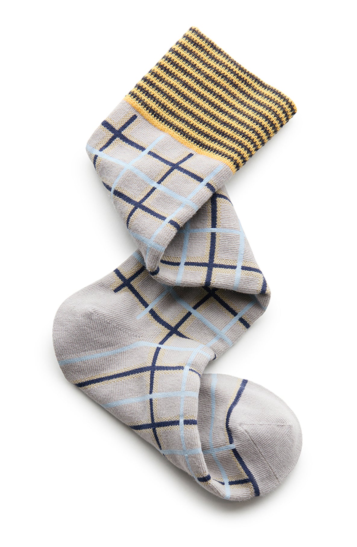 Plaid patterned sock with yellow trim on a white background