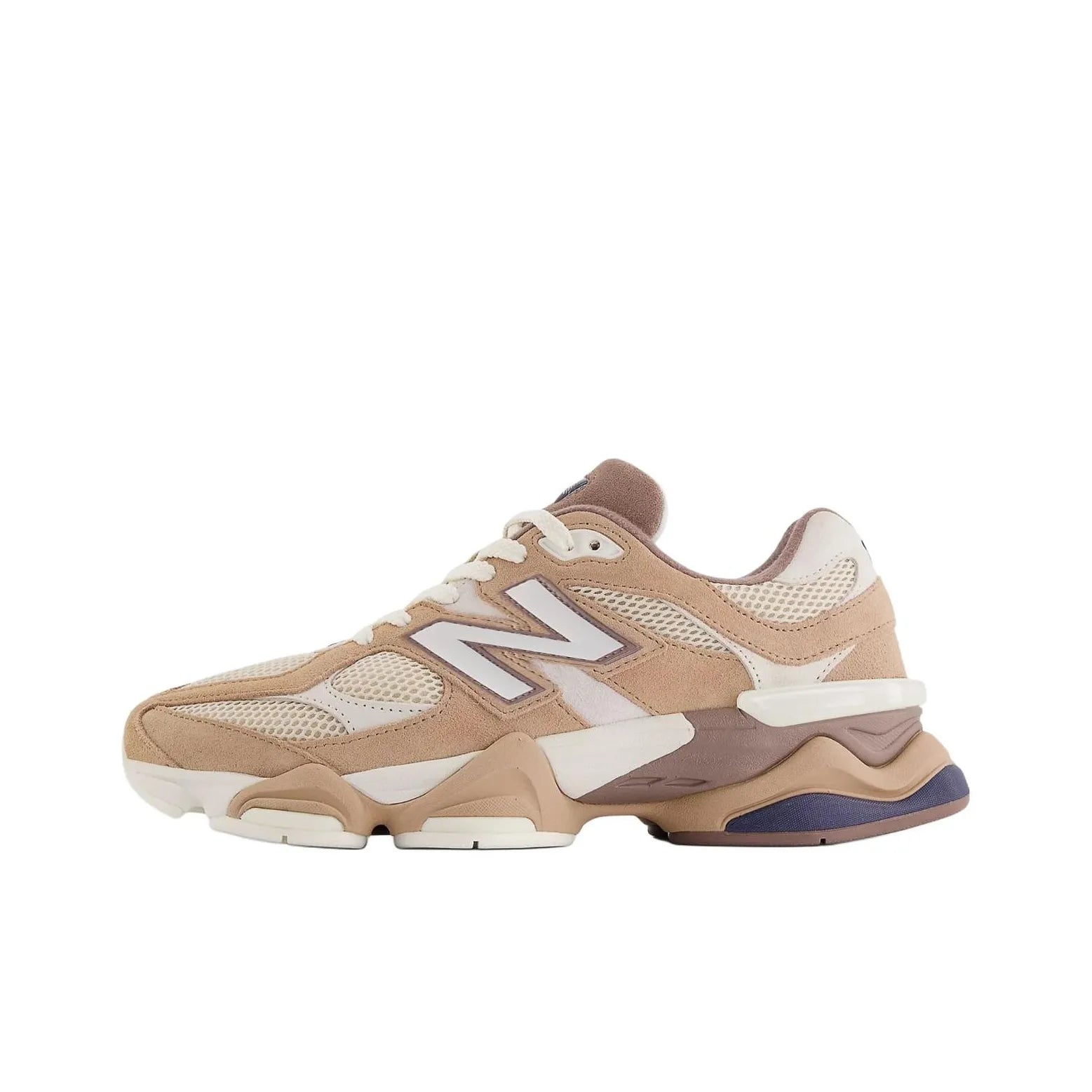 Beige and white sneaker with New Balance logo on a white background